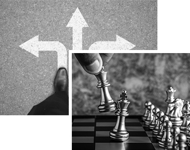 decision arrows and chess pieces